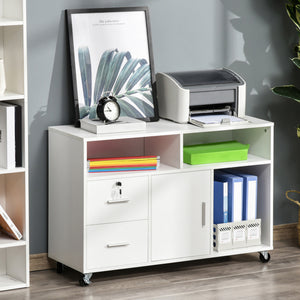 Lateral Filing Cabinet, Printer Stand Home Office Mobile File Cabinet with Wheels, Lockable Drawer, Black