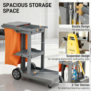 Commercial Janitorial Cart with 3 Tier Shelves, Professional Cleaning Cart with Rubbish Bag with Lid and – view 17
