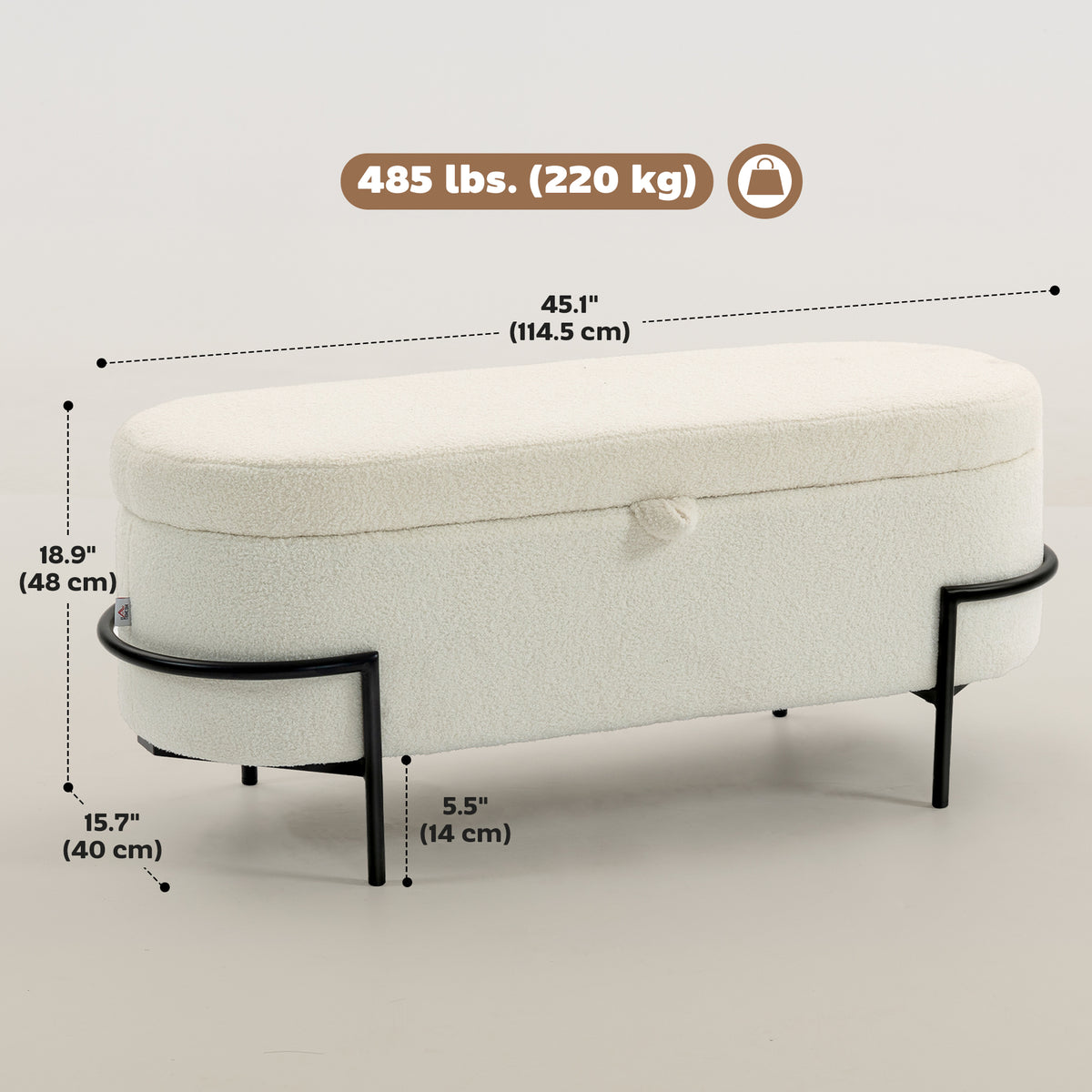 Storage Ottoman with Lift-Up Lid and Steel Legs, 45 Inches Sherpa Fleece Storage Chest for Living Room, Cream White