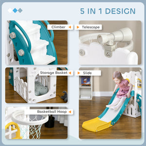 Qaba 5 in 1 Toddler Slide with Basketball Hoop, Climber, Telescope, Storage Basket, for 1-3 Years Kids Indoor Use