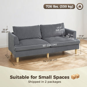 3 Seater Sofa, 74" Modern Corduroy Upholstered Couch with Thick Spring Cushions, Solid Wood Legs, Armrests – view 9