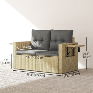 Wicker Outdoor Sofa with Side Trays, Rattan Patio Loveseat with Cushions for Garden Balcony, Light Grey
