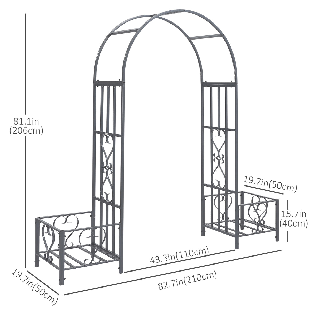 7FT Metal Garden Arch with 2 Planter Boxes, Decorative Outdoor Walkway Arbor for Climbing Vine Plants for Patio Backyard Lawn Party Ceremony, Dark Grey