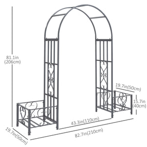 7FT Metal Garden Arch with 2 Planter Boxes, Decorative Outdoor Walkway Arbor for Climbing Vine Plants for Patio Backyard Lawn Party Ceremony, Dark Grey