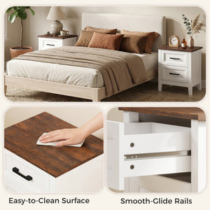 Farmhouse Nightstand Set of 2, Bedside Tables with 2 Drawers, Wood-Effect Top, White