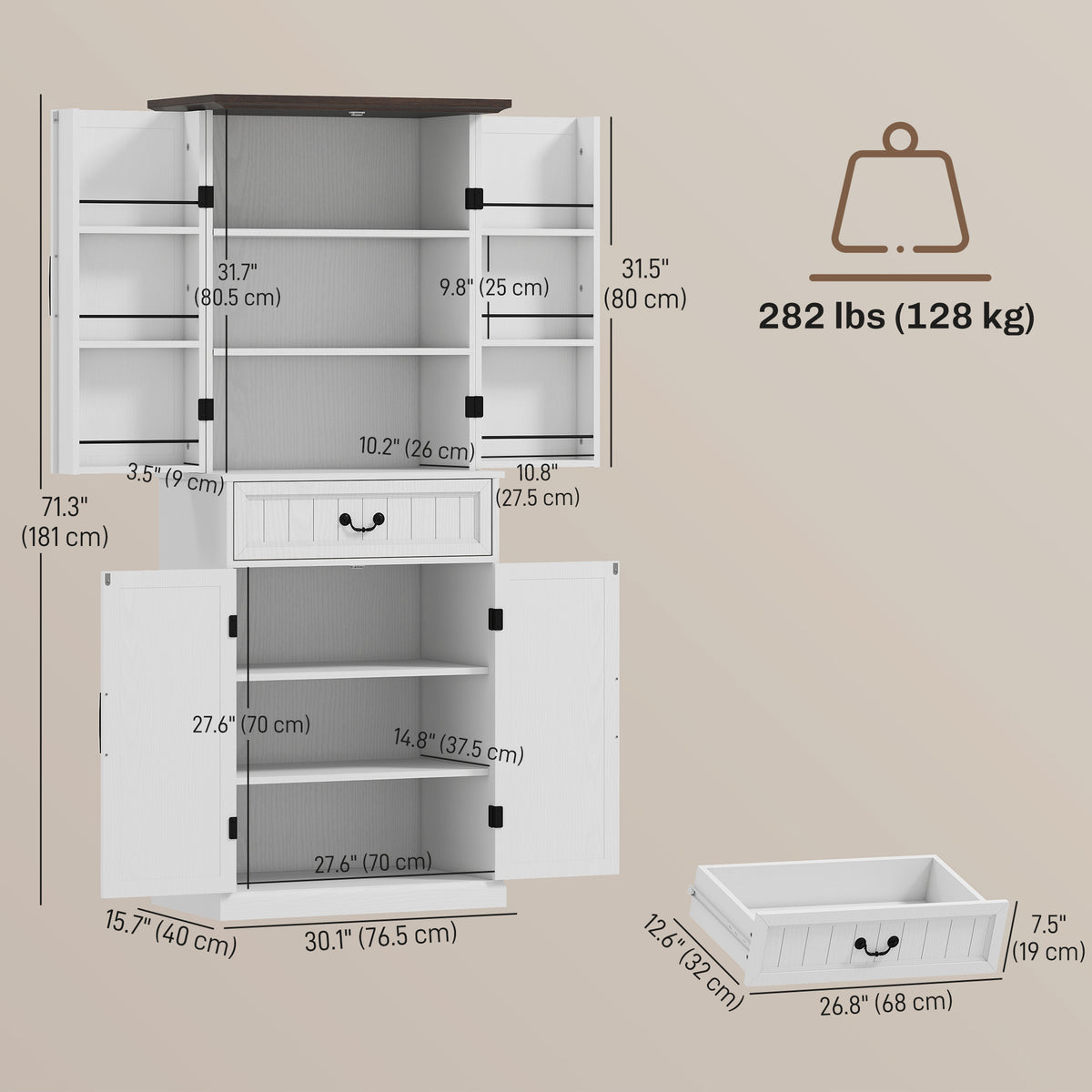 71" LED Kitchen Pantry Cabinet, Farmhouse Storage Cabinet with Door Shelves, Distressed White
