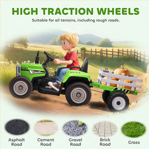 Aosom 12V Kids Ride on Tractor with Trailer, Battery Powered Electric Kids Car with Remote Control, Music Start up Sound and Horn, USB, LED Lights