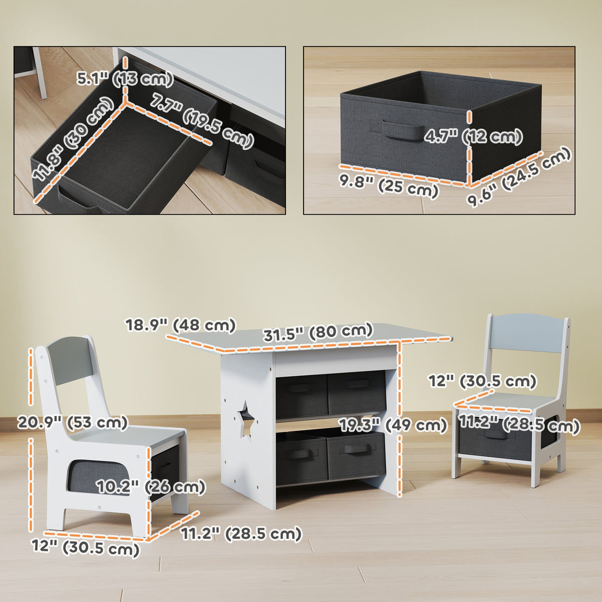 Qaba 3 Piece Kids Table and Chair Set with 6 Removable Drawers, for Classroom, Living Room, Bedroom, Nursery