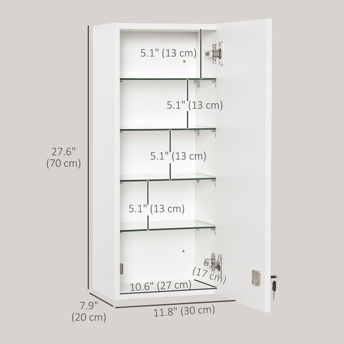 Wall Mount Medicine Cabinet, 5-tier Lockable Bathroom Cabinet with 2 Keys and Adjustable Shelves, White