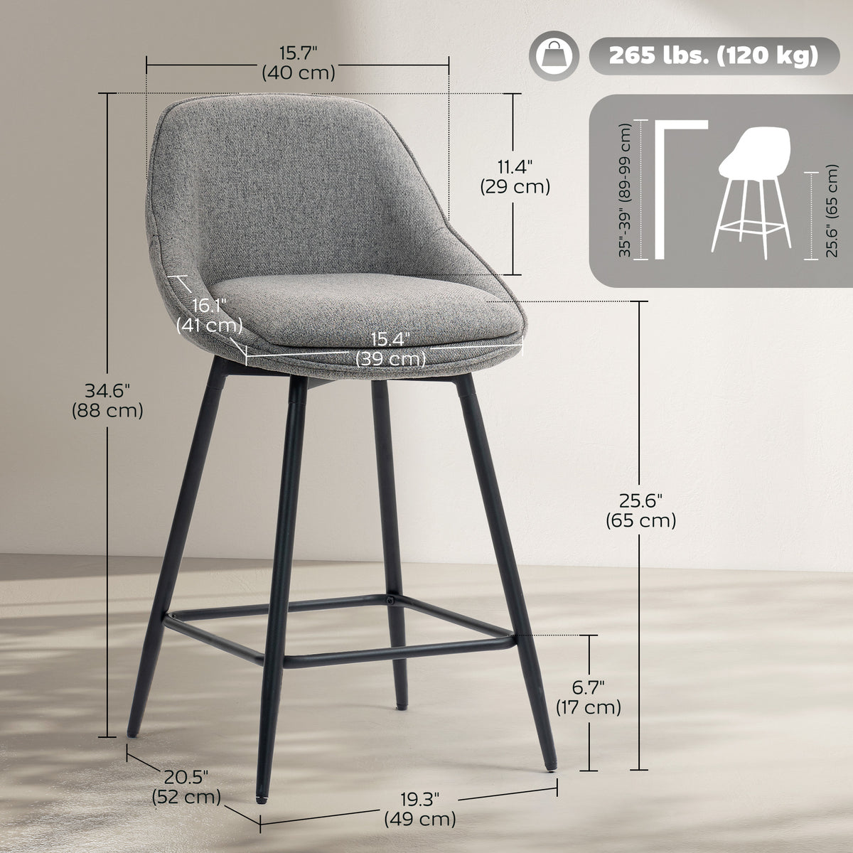 26" Counter Height Barstools Set of 2, Upholstered Swivel Bar Stools with Backrests and Armrests, Dark Grey – view 2