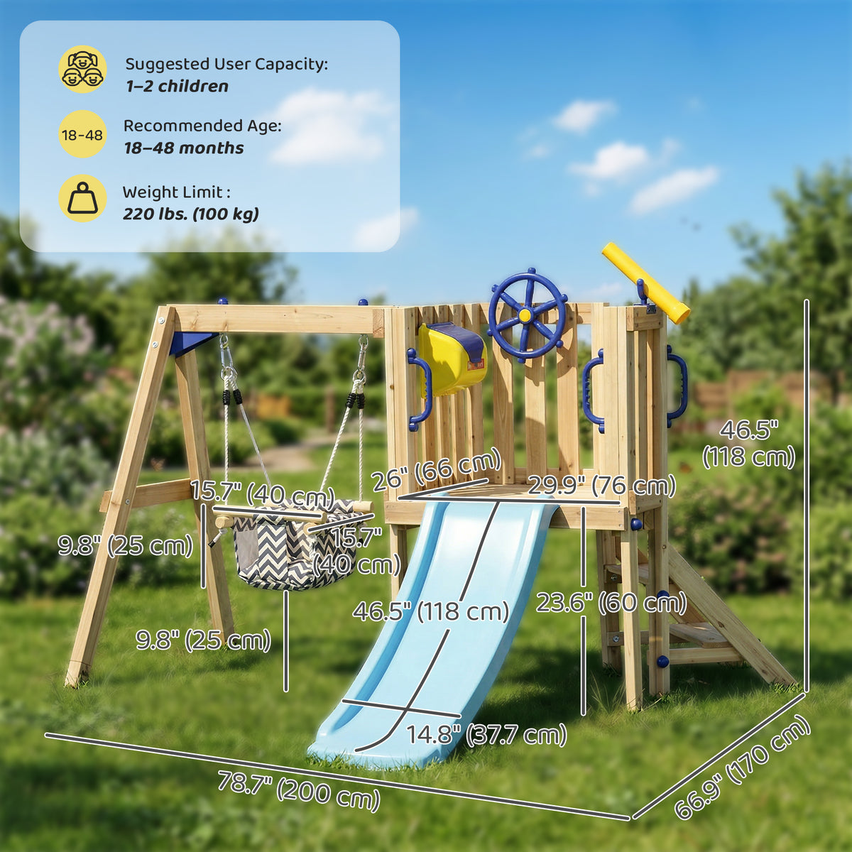 Wooden Kids Swing Set with Slide, Swing Seat, Captain's Wheel, Telescope, for Ages 18-48 Months, Natural