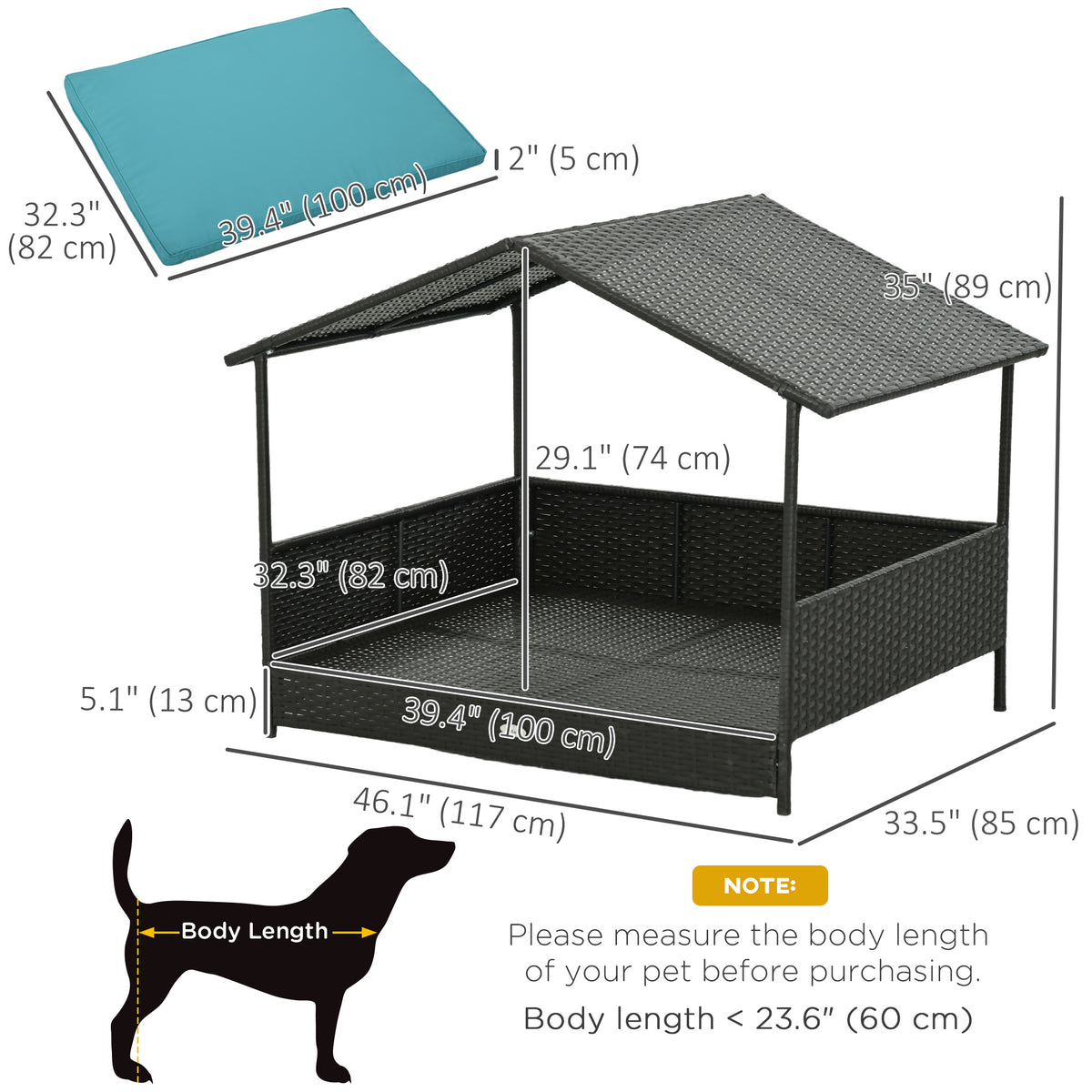 Rattan Dog House with Canopy, Wicker Dog Bed with Water-Resistant Cushion, for Small and Medium Breeds Blue – view 2