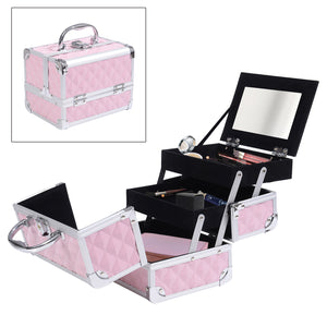 3 Tier Diamond Texture Makeup Train Case Cosmetic Organizer with Mirror, Black – view 13