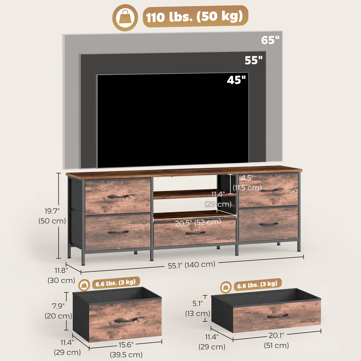 TV Stand for TVs up to 65 Inch, Industrial TV Console with Charging Station, 5 Drawers and Open Shelves – view 2