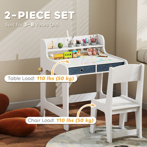Qaba Kids Study Table and Chair Set, Art Desk and Chair Set with Storage Shelf and Drawers for 3-8 Year Old