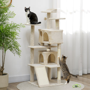 54" Cat Tree, Multi-Level Cat Tower with Scratching Posts, Cat Condos, Bed, Platforms, Ramp, Toy Ball, Beige – view 7