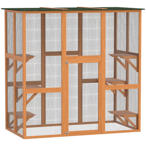 Large Outdoor Catio Enclosure, Weatherproof Cat House with Asphalt Roof, Wooden Cat Patio Cage with 6 Balanced Platforms, 71" x 39" x 71", Grey