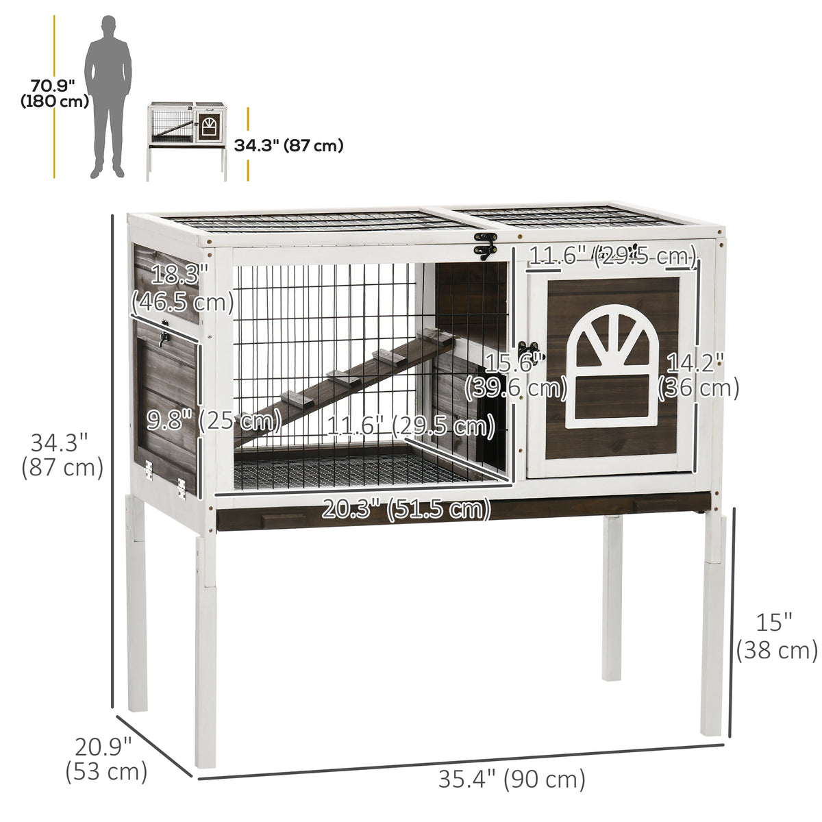 Rabbit Hutch Dual-Height Design Bunny House with Run Slide-Out Tray White and Coffee