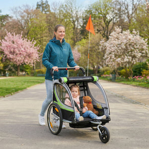 Aosom 2 Seat Bike Trailer for Kids 2-in-1 Double Baby Stroller with Handbrake, Rubber Wheels, 5 Point Harness, Waterproof Cover, Storage Bag, Reflectors