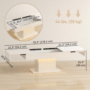 Extendable Coffee Table with LED Lights, Modern High Gloss Center Table with Hidden Storage for Living Room, White