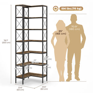 6-Tier L-Shaped Bookshelf, Freestanding Corner Bookcase with Metal Frame, Rustic Brown