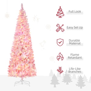 6 Foot Prelit Snow Flocked Artificial Christmas Tree with Pencil Shape, 500 Pine Realistic Branches, Warm White LED lights, Auto Open, Pink and White
