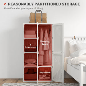 Portable Wardrobe, Foldable Storage Organzier with 5 Compartments, 1 Hanging Rod, Magnet Doors, White