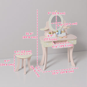 Qaba Kids Vanity Set, Girls Dressing Table with Mirror and Stool, 7 Accessories, Drawers, Desktop Storage, Pink