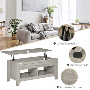 Lift Top Coffee Table with Hidden Storage Compartment and Open Shelves, Lift Tabletop Pop-Up Center Table for Living Room, Dark Walnut