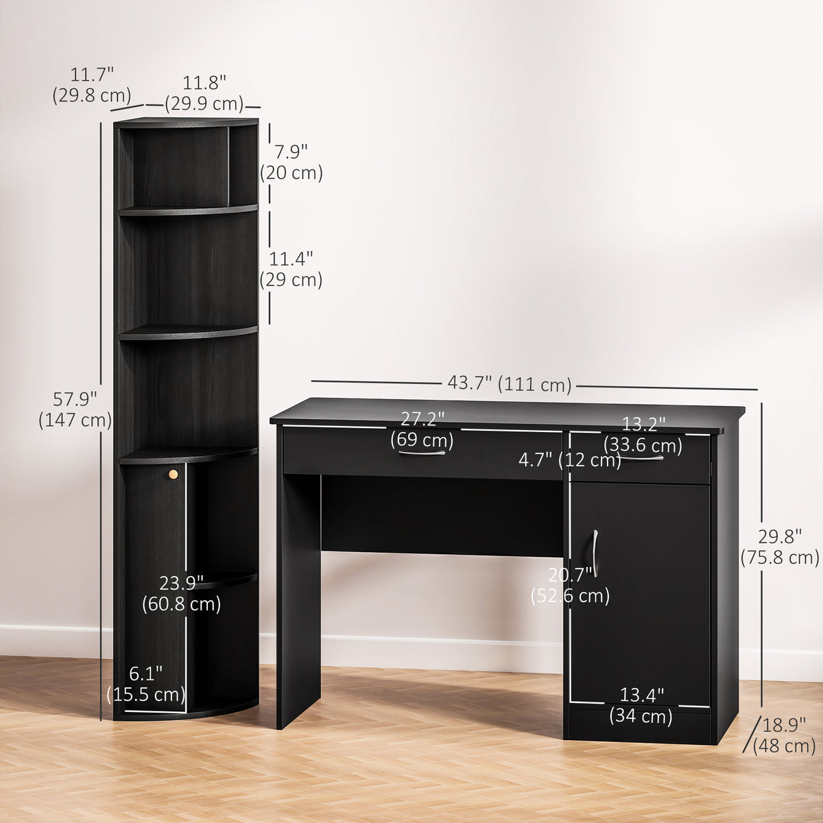Computer Desk and Bookcase Set, Study Table with Adjustable Shelf, Bookshelf with Open Compartments and Cabinet, Black