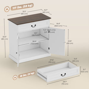 Buffet Cabinet, 32" Farmhouse Sideboard with Thick Top, Quiet Drawer and Adjustable Shelf, White Wood Grain – view 4
