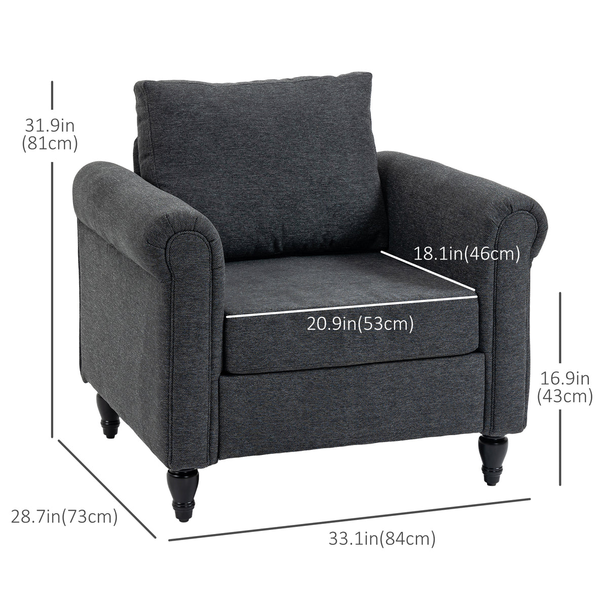 Vintage Armchair, Upholstered Accent Chair with Rolled Arms, Gourd-Shaped Rubber Wood Legs, Dark Grey