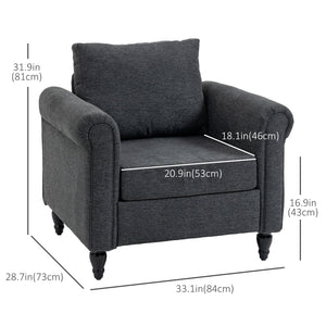 Vintage Armchair, Upholstered Accent Chair with Rolled Arms, Gourd-Shaped Rubber Wood Legs, Dark Grey
