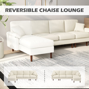 L-Shape Sofa, Modern Sectional Couch with Changeable Chaise Lounge, Pillows and Wooden Legs for Living Room, Cream White