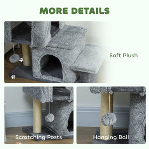 4-Step Pet Stairs, Adjustable Height Cat Stairs with Scratching Posts Cat Condo, Hanging Ball for High Bed, Grey