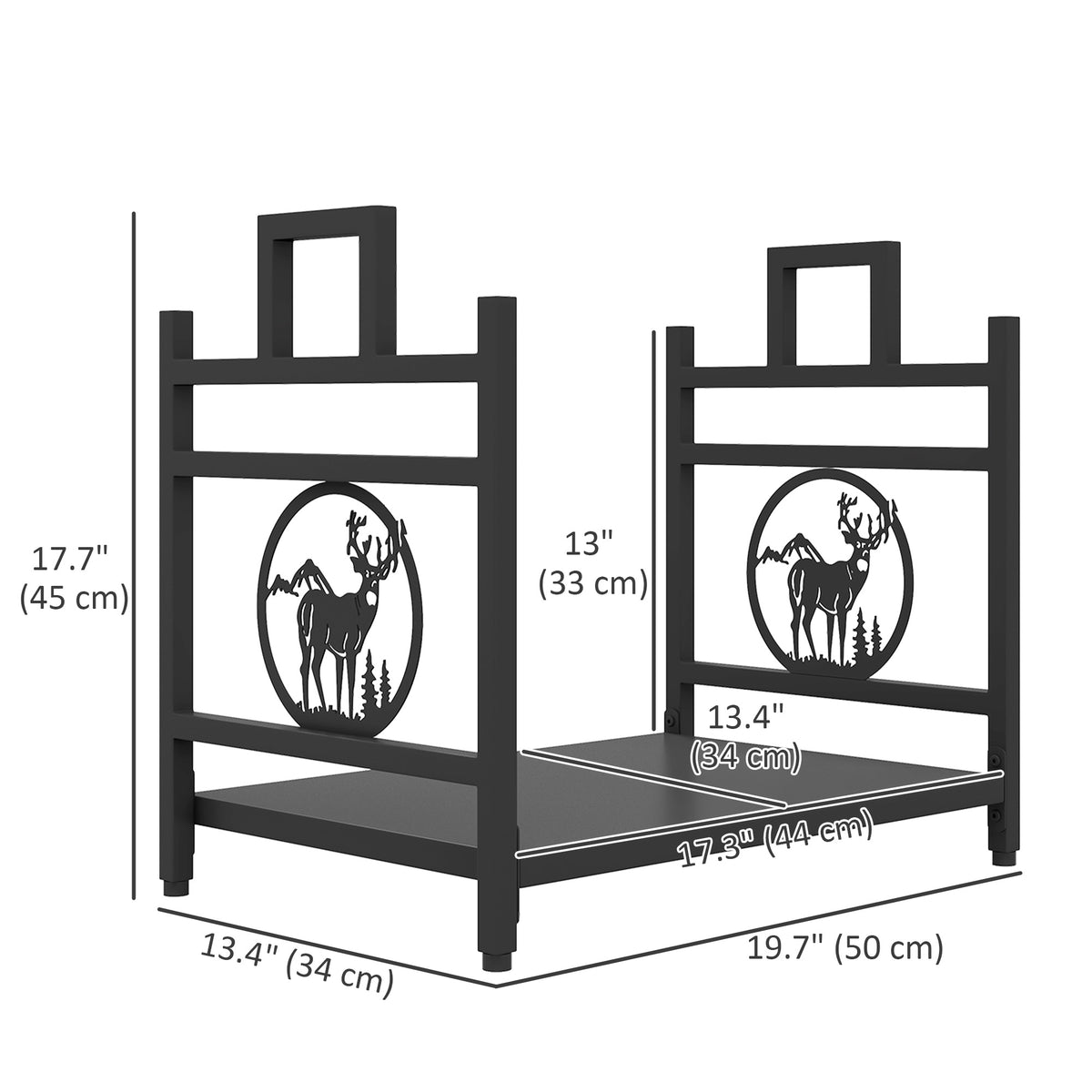 Decorative Firewood Rack Outdoor Indoor Steel Wood Storage Log Holder with Side Handles, 19.7" x 13.4" x 17.7", Black