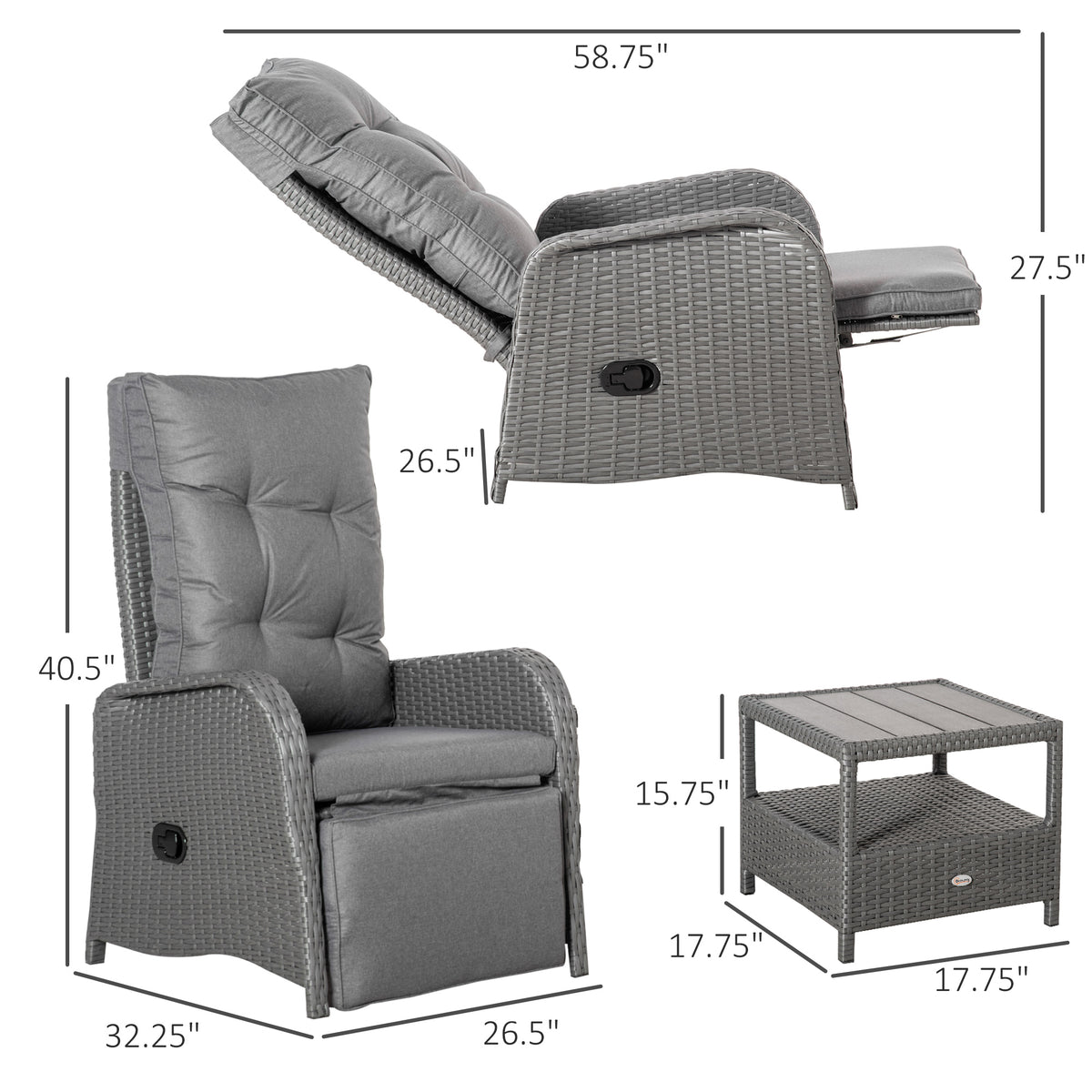 3 Pieces Patio Wicker Bistro Set, PE Rattan Coffee Table & Adjustable Recline Chairs Furniture Set – view 2
