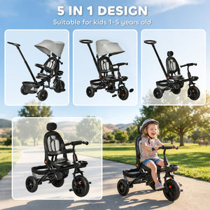 Qaba Tricycle for Toddler 5 in 1 Kids Trike, Foldable Converts Stroller to Toddler Bike, Adjustable Backrest & Curved Canopy, Detachable Guardrail & Handle for 1-5 Years Old
