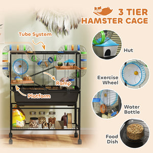 3 Tier Rolling Hamster Cage with 7" Deep Tray, Storage Shelf, Big Exercise Wheel, Tube System, for Syrian, Gerbil, Rat