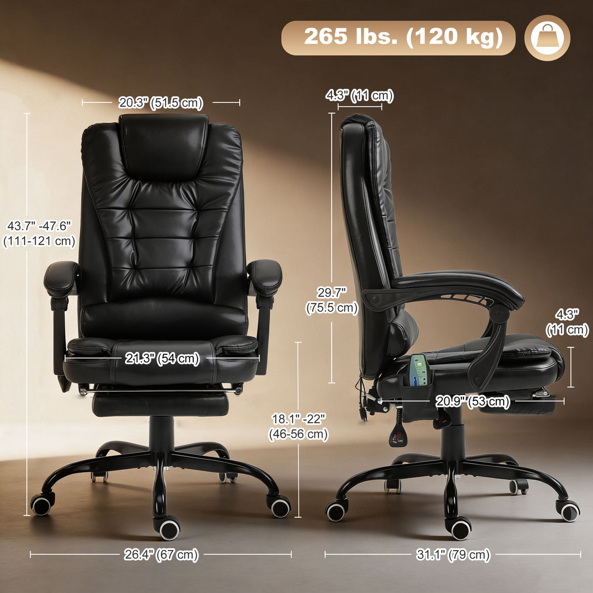 Reclining Office Chair with Footrest, Vibrating Massage, Adjustable Height, Perfect Office, Black