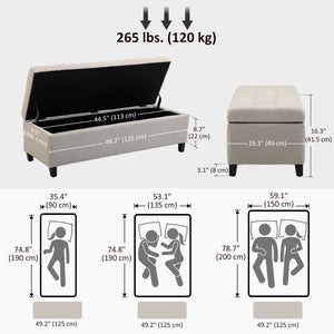 Rectangular Entry Bench, Tufted Upholstered Linen Fabric Wood Feet Storage Ottoman Bench, Beige – view 2