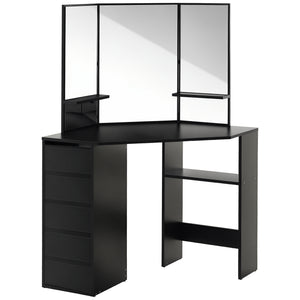 Corner Vanity Desk with Mirror, Makeup Vanity Table with 5 Drawers and Open Shelves
