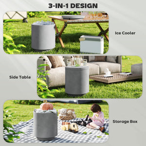 2.6 Gal Outdoor Side Table, 3-In-1 Concrete Cooler Bar Table with Storage, Removable Ice Bucket and Lid, Light Grey