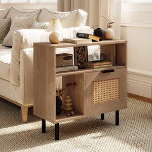 Accent Side End Table with Storage Shelf and Cabinet for Small Space-Natural view 2