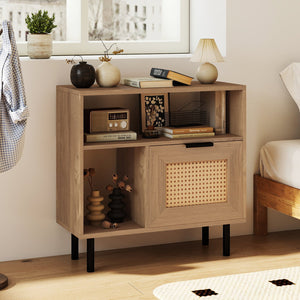 Accent Side End Table with Storage Shelf and Cabinet for Small Space-Natural view 3