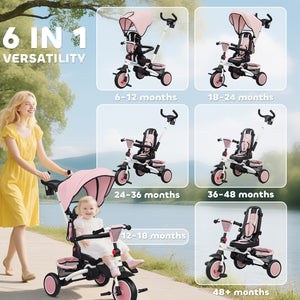 Qaba 6 in 1 Toddler Tricycle for 1-5 Years Old with Push Handle, Removable Canopy, Rotatable Seat