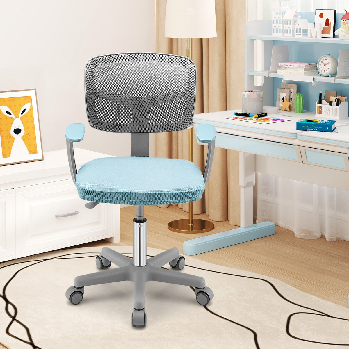 Adjustable Desk Chair with Auto Brake Casters for Kids-Blue view 2