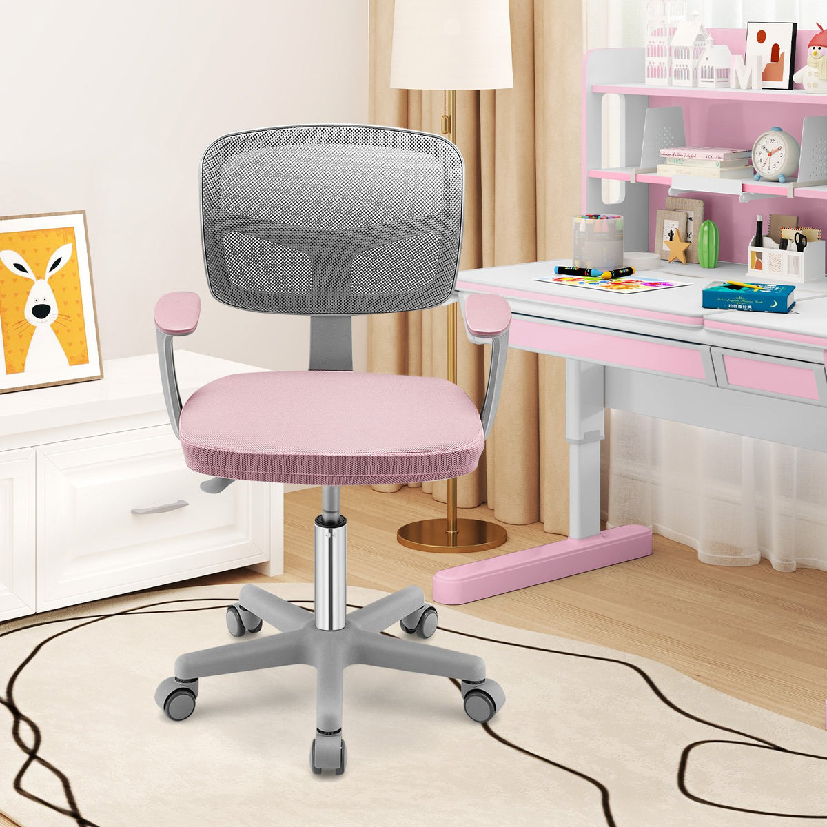 Adjustable Desk Chair with Auto Brake Casters for Kids-Pink view 2