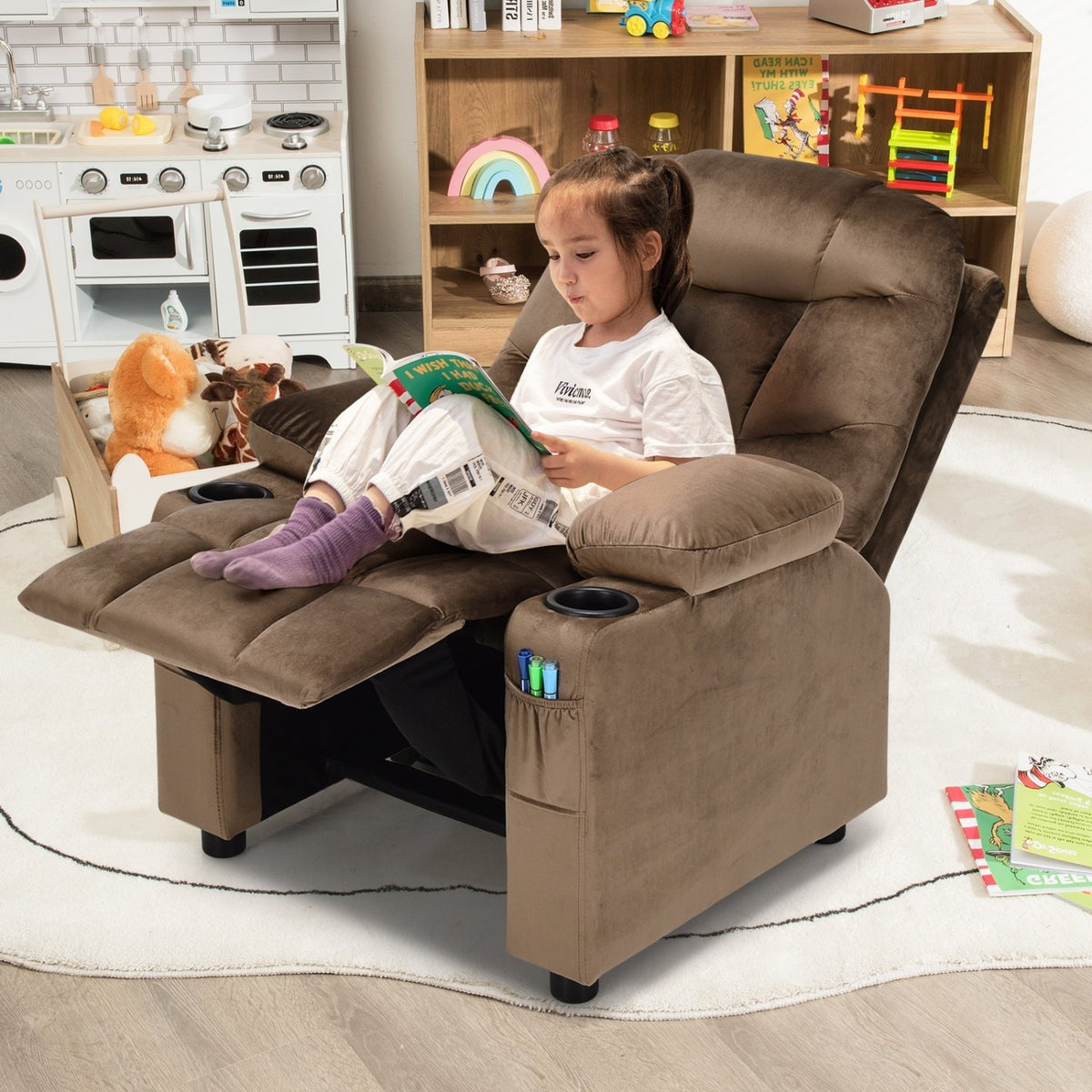 Kids Recliner Chair with Cup Holder and Footrest for Children-Light Brown view 2