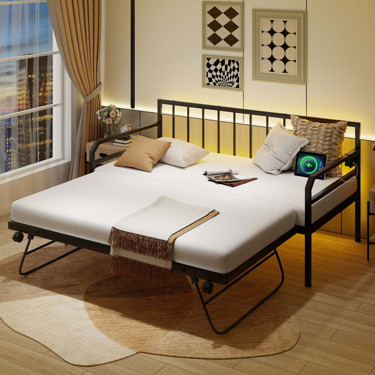 Adjustable Metal Twin Size Daybed with Charging Station and LED Light-Black view 2